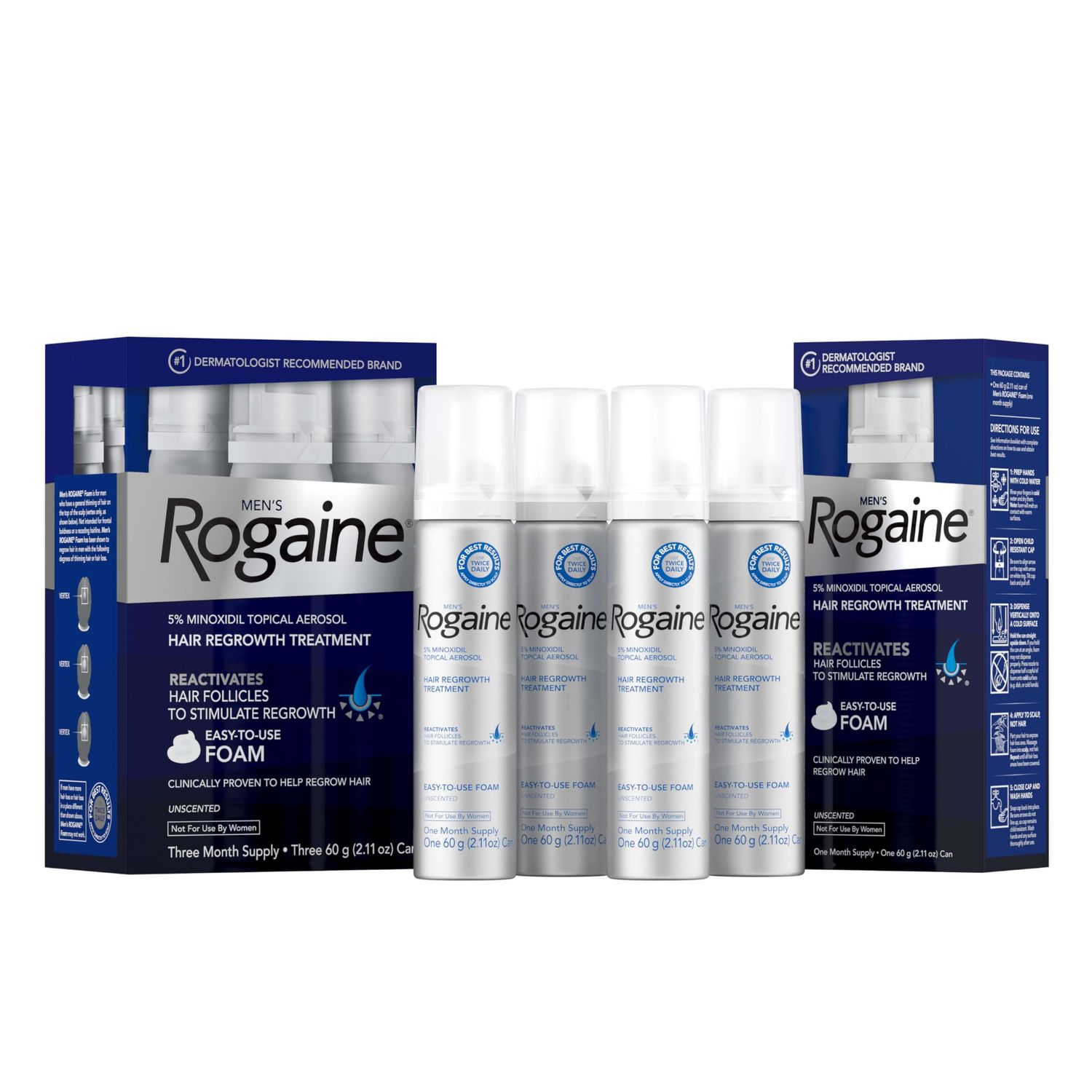 Men&#39;s Rogaine 5 Minoxidil Foam for Hair Regrowth, Topical Hair Loss Treatment to Regrow Fuller, Thicker Hair, Unscented, 4 Month Supply, 4 Cans
