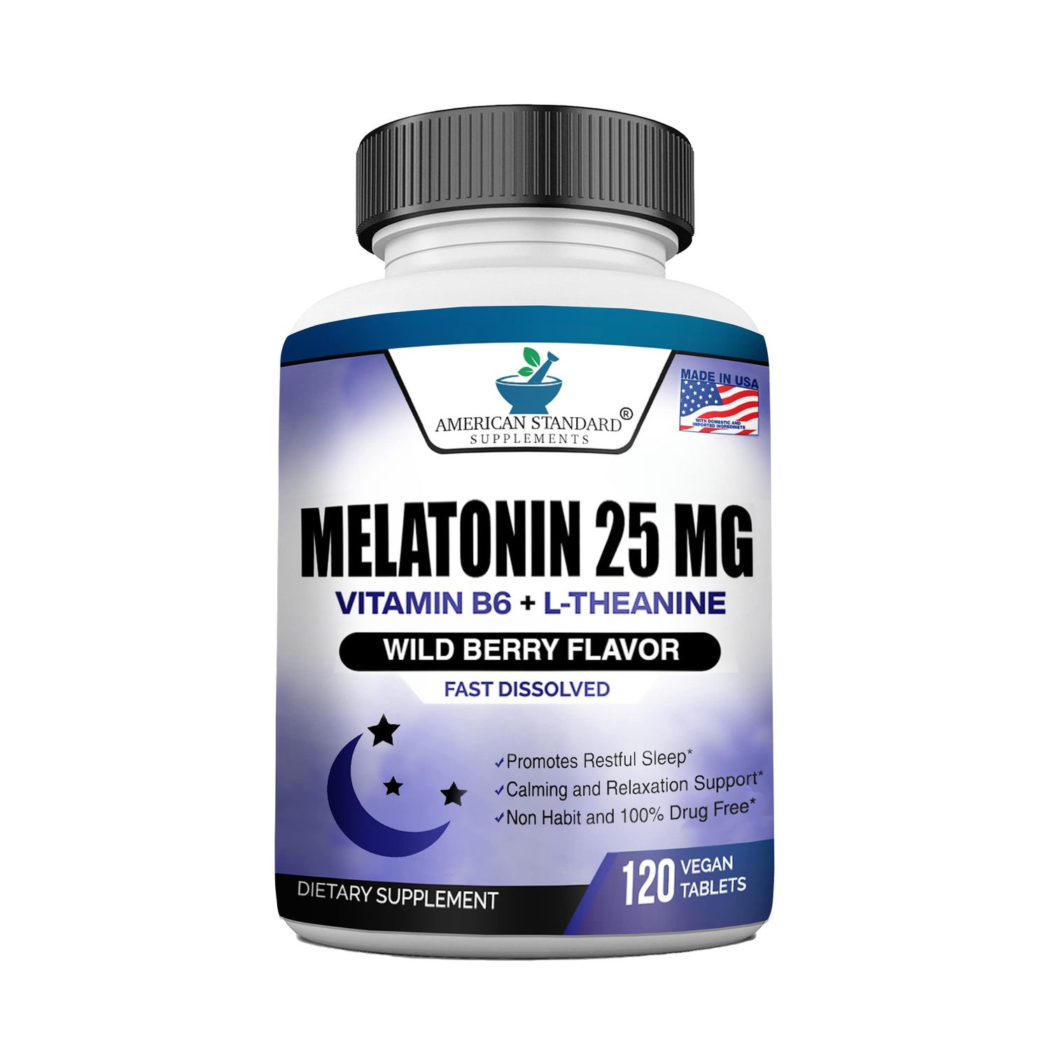 Melatonin 25mg Per One Tablet, 120 Chewable Tablet with L-Theanine Vitamin B-6, Supports Healthy Sleep Cycle , Promotes Calming Restful Sleep, Vegan, NON GMO, Made In USA