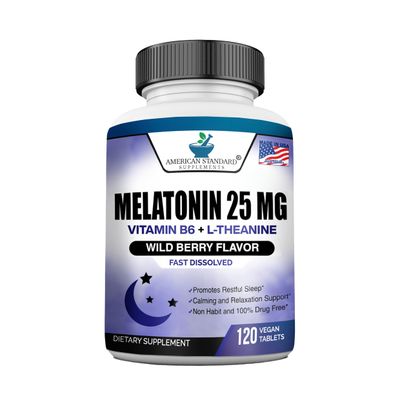 Melatonin 25mg Per One Tablet, 120 Chewable Tablet with L-Theanine Vitamin B-6, Supports Healthy Sleep Cycle , Promotes Calming Restful Sleep, Vegan, NON GMO, Made In USA