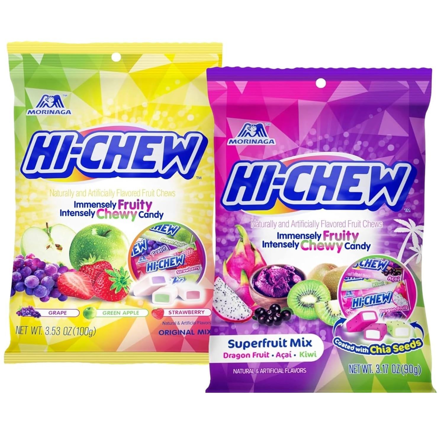 (Variety 2 packs) Hi Chew Candy, Superfruit Mix: Dragon Fruit, Acai, Kiwi, Original Mix: Grape, Green Apple, Strawberry, Flavored Individually Wrapped Japanese Candies, 3.17oz, 3.53oz