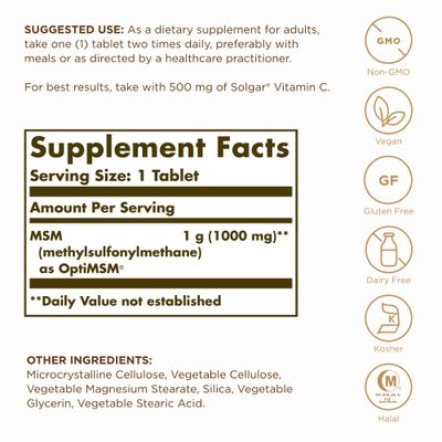 SOLGAR MSM 1000 mg - 120 Tablets, Pack of 2 - Supports Joints Connective Tissue - Non-GMO, Vegan, Gluten Free, Dairy Free, Kosher, Halal - 240 Total Servings