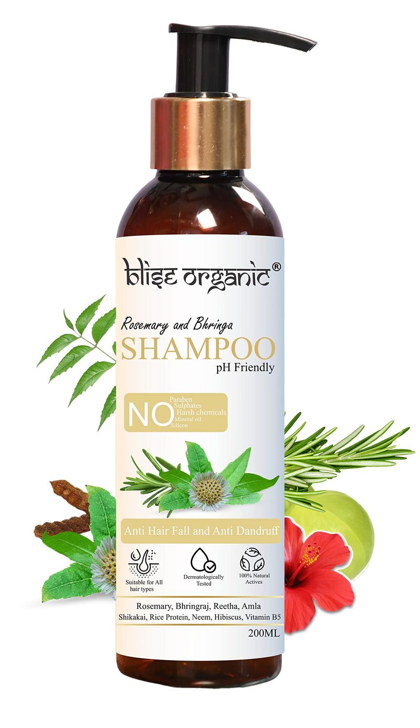 Blise organic Rosemary and Bhringaj shampoo -Anti Hair Fall and Anti Dandruff, Ayurvedic shampoo with precious and rare herbs, 100 Natural Actives, No Sulphates, No Silicons, No artificial colours