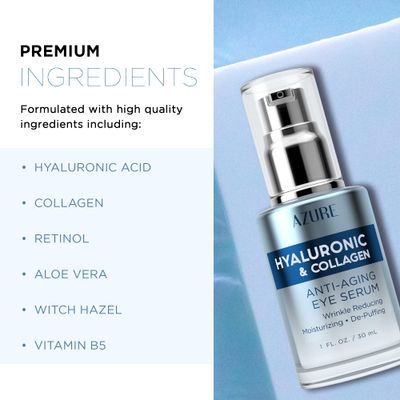 AZURE Hyaluronic Collagen Anti Aging Eye Serum - Moisturizing, Replenishing De-Puffing Reduces Wrinkles, Fine Lines Under Eye Bags Locks In Moisture Hydrating Skin Made in Korea - 30mL