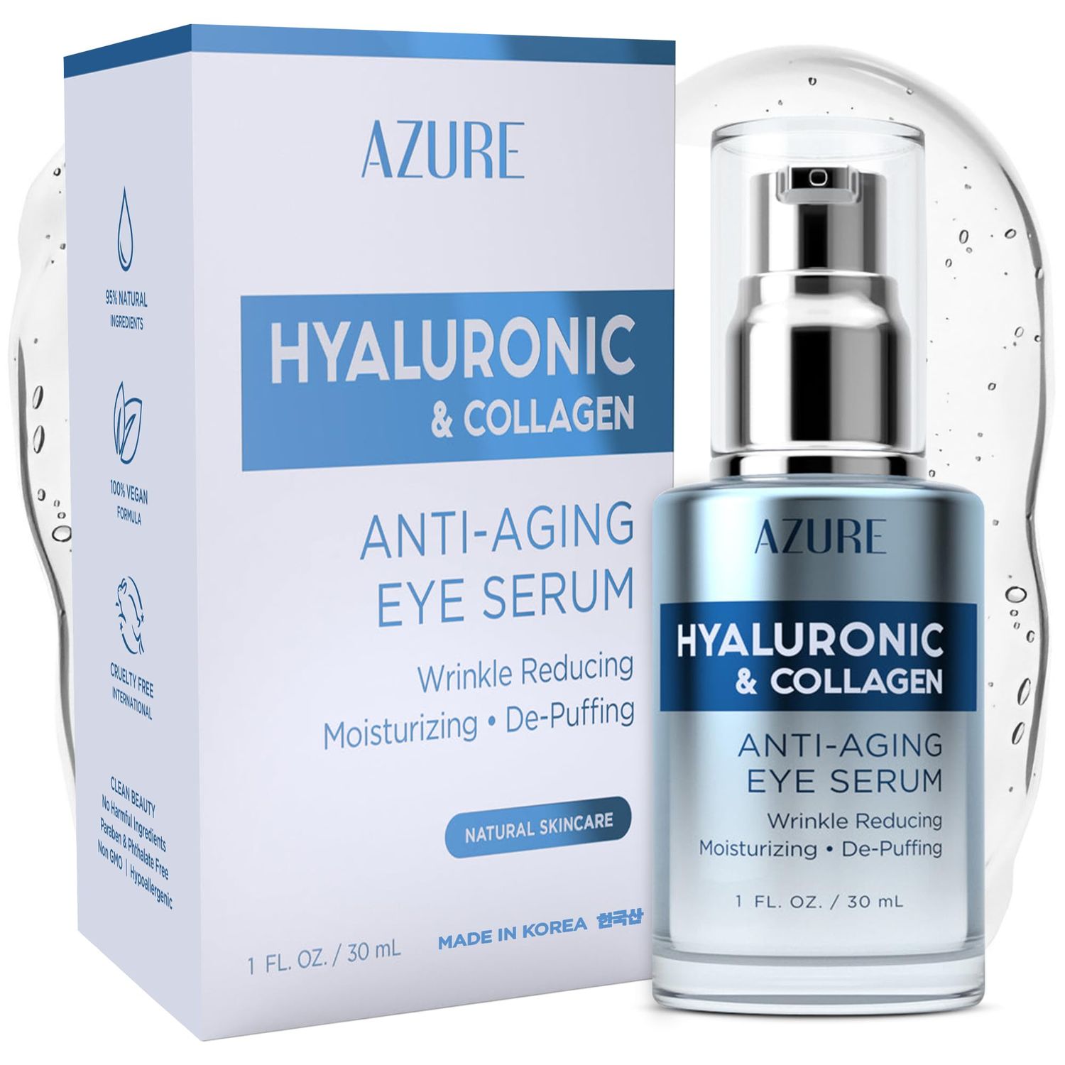 AZURE Hyaluronic Collagen Anti Aging Eye Serum - Moisturizing, Replenishing De-Puffing Reduces Wrinkles, Fine Lines Under Eye Bags Locks In Moisture Hydrating Skin Made in Korea - 30mL