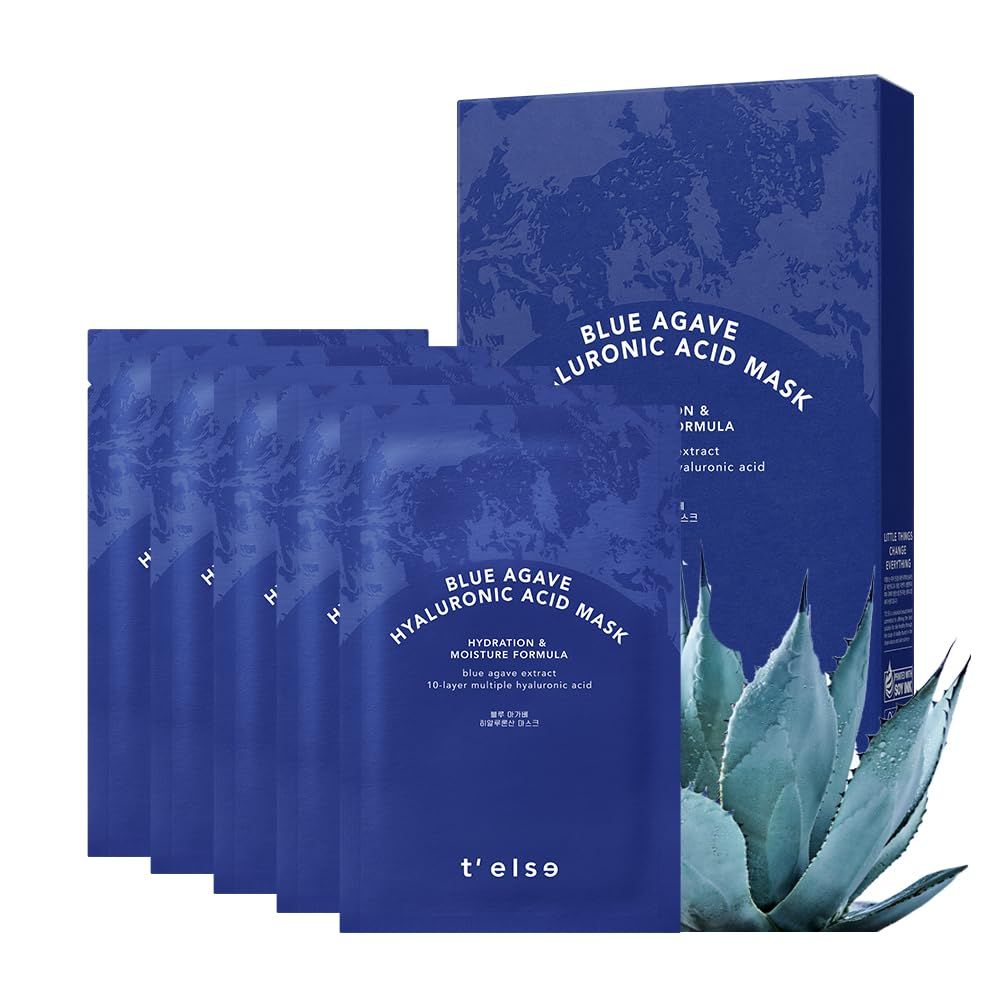 T&#39;ELSE Blue Agave Hyaluronic Acid Mask 25ml5ea, Watery Sheet Facial Mask with Close Adhesion, Moisturizing Facial Essence with Excellent Hydration, Long-Lasting Moisturizing, Korean Skin Care