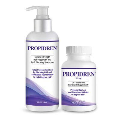 Propidren Combo Pack - DHT Blocker Hair Growth Supplement (1 Bottle, 60 Count) Shampoo (1 Bottle, 8 Ounces) to Prevent Stop Hair Loss Regrow Hair. Proprietary Hair Regrowth Treatment
