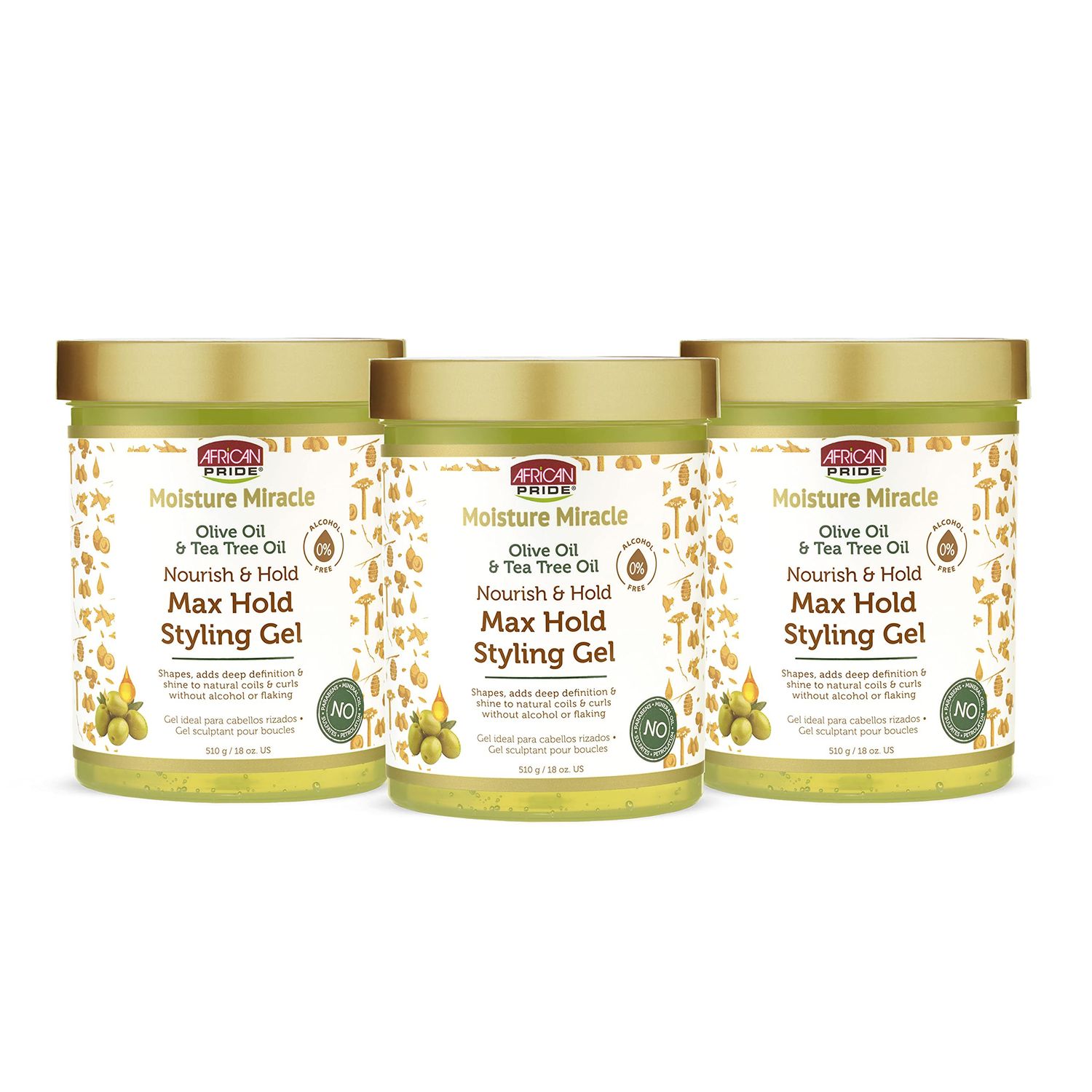 African Pride Moisture Miracle Olive Tea Tree Oil Max Hold Styling Hair Gel (3 Pack), For Natural Coils Curls, 18 oz