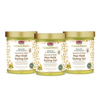 African Pride Moisture Miracle Olive Tea Tree Oil Max Hold Styling Hair Gel (3 Pack), For Natural Coils Curls, 18 oz
