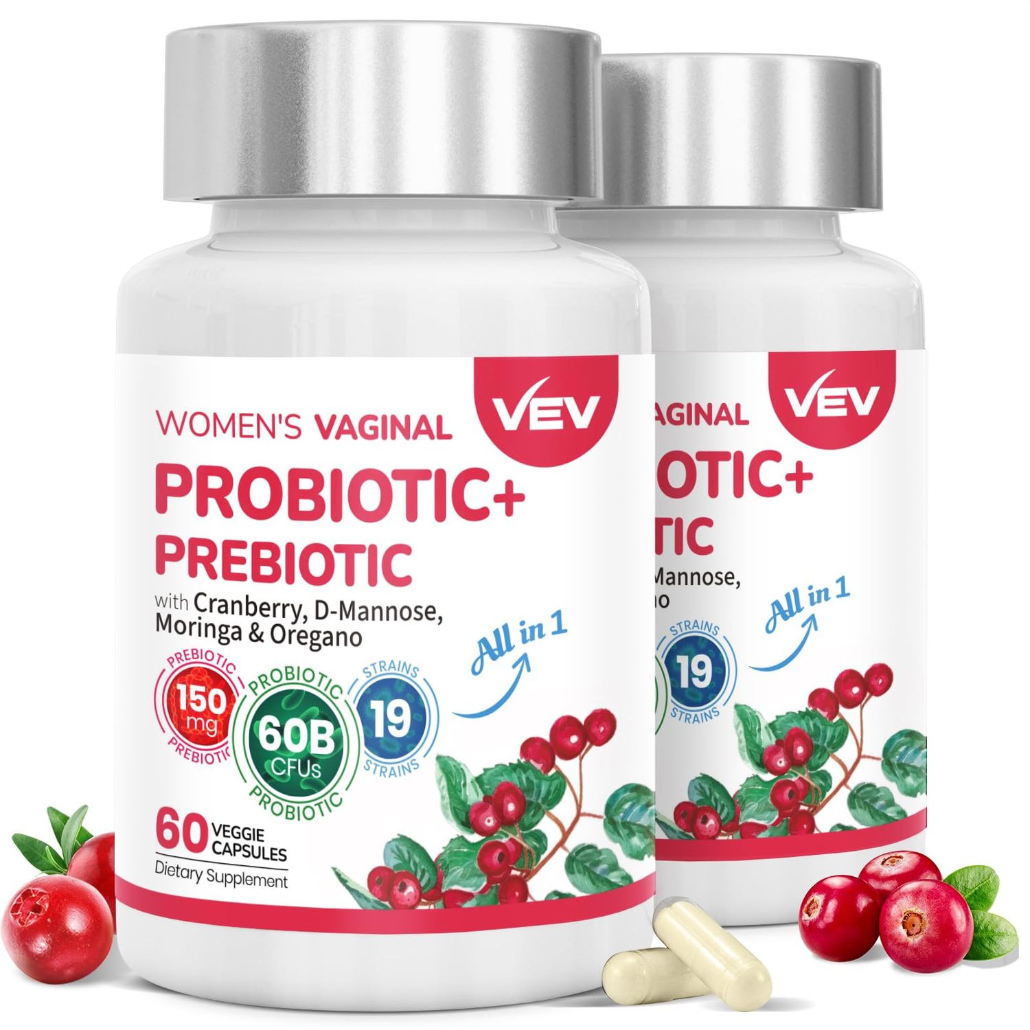 VEV Women&#39;s Vaginal Probiotics Prebiotics, 60 Billion CFUs, 19 Strains with D-Mannose, Cranberry, Supports Digestive and Feminine Wellness, 120 Capsules (60-Day Supply) (Packaging May Vary)