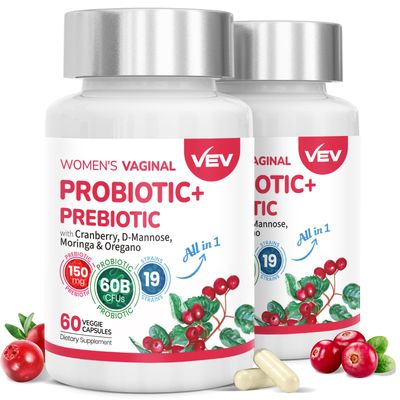 VEV Women&#39;s Vaginal Probiotics Prebiotics, 60 Billion CFUs, 19 Strains with D-Mannose, Cranberry, Supports Digestive and Feminine Wellness, 120 Capsules (60-Day Supply) (Packaging May Vary)