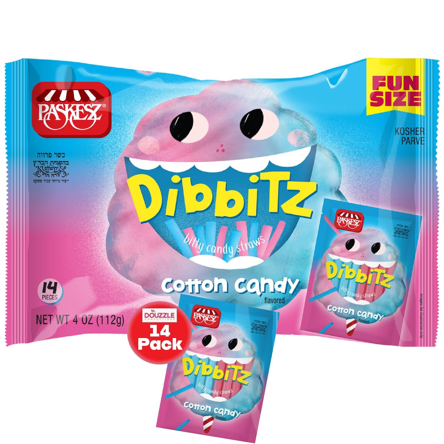 DOUzzle Dibbitz Cotton Candy, Candy Filled Straw Sticks (14 Count, Pack of 1) Individually Wrapped Candies, Birthday Party Favors, Goodie Bags Stuffers, Pinata Filler - Kosher Parve