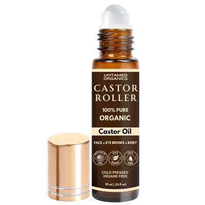 Untamed Organics 100 Organic Castor Oil Roll On For Eyebrows, Lips, Under Eyes, Eyelashes, Cuticles - Mess Free Roller Ball - Certified Organic, Cold Pressed, Hexane Free - Travel Sized Glass Bottle