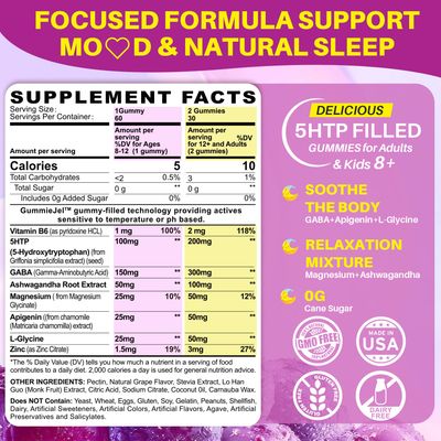 5HTP Gummies for Adults Kids 8, Melatonin Free Gummies with Magnesium Glycinate, GABA, L-Glycine, Ashwagandha, Vitamin B6 for Delicious Zzzs, Brain Muscle Relaxation, 0 Sugar 60 Count (Pack of 2)