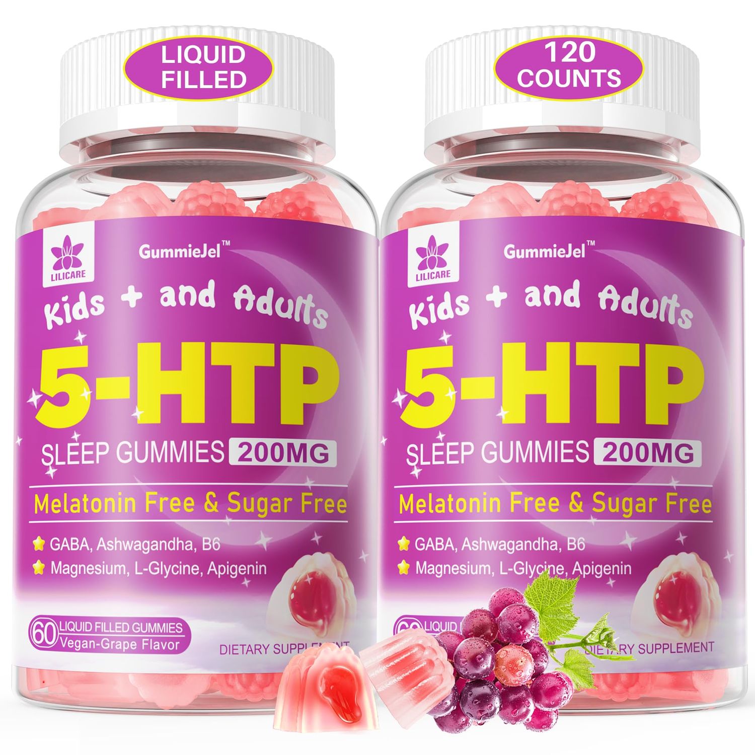 5HTP Gummies for Adults Kids 8, Melatonin Free Gummies with Magnesium Glycinate, GABA, L-Glycine, Ashwagandha, Vitamin B6 for Delicious Zzzs, Brain Muscle Relaxation, 0 Sugar 60 Count (Pack of 2)