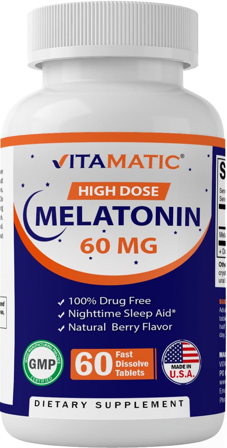 Vitamatic Melatonin 60 mg Fast Dissolve Tablets - 60 Vegan Natural Berry Flavor Tablets - Non-Habit Forming - Non-GMO, Gluten Free (1 Bottle)