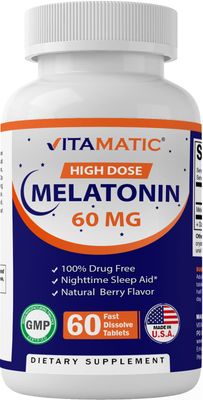 Vitamatic Melatonin 60 mg Fast Dissolve Tablets - 60 Vegan Natural Berry Flavor Tablets - Non-Habit Forming - Non-GMO, Gluten Free (1 Bottle)