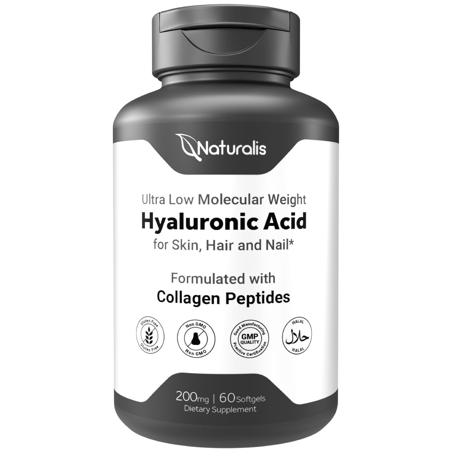 Naturalis Hyaluronic Acid 200mg, 10x Better Absorption Ultra Low Molecular Weight with Collagen, Biotin, Selenium Vitamin E Hair, Skin, Nails Joint Supplements 120 Softgels