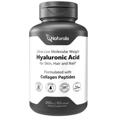 Naturalis Hyaluronic Acid 200mg, 10x Better Absorption Ultra Low Molecular Weight with Collagen, Biotin, Selenium Vitamin E Hair, Skin, Nails Joint Supplements 120 Softgels