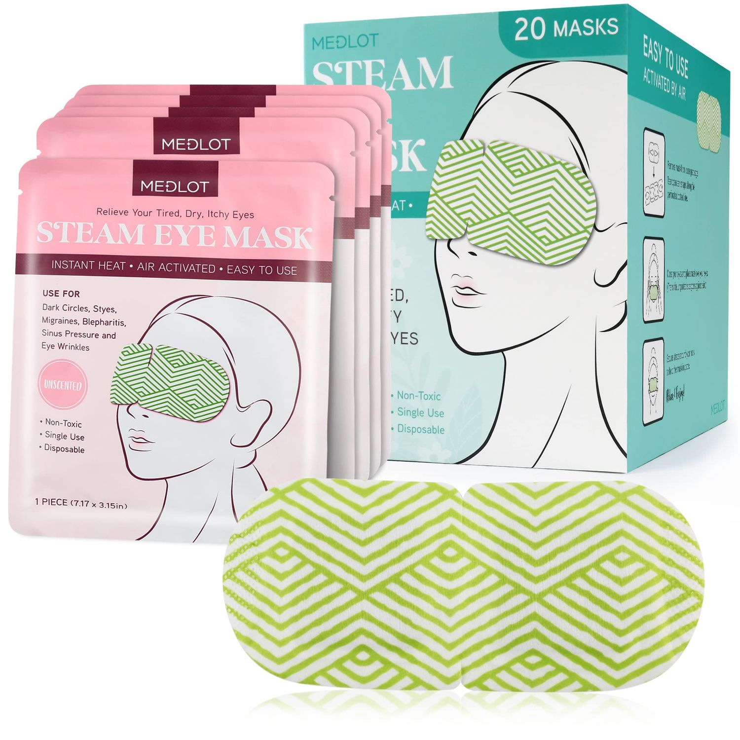 MEDLOT 20 Packs Steam Eye Masks, Heated Eye Mask for Dry Eyes, Disposable Moist Warm Eye Mask for Sleeping, SPA, Travel Essentials, Relaxing Gifts for Women Men
