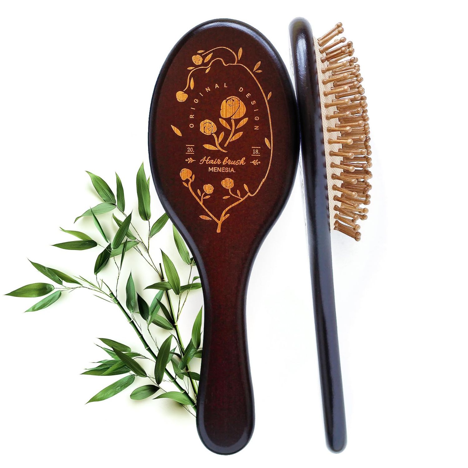 Menesia Brown Bamboo Bristle Hair Brush - Wooden Paddle Brush for Hair Growth, Scalp Massag - Bamboo Hairbrush for Men and Women (brown rose)