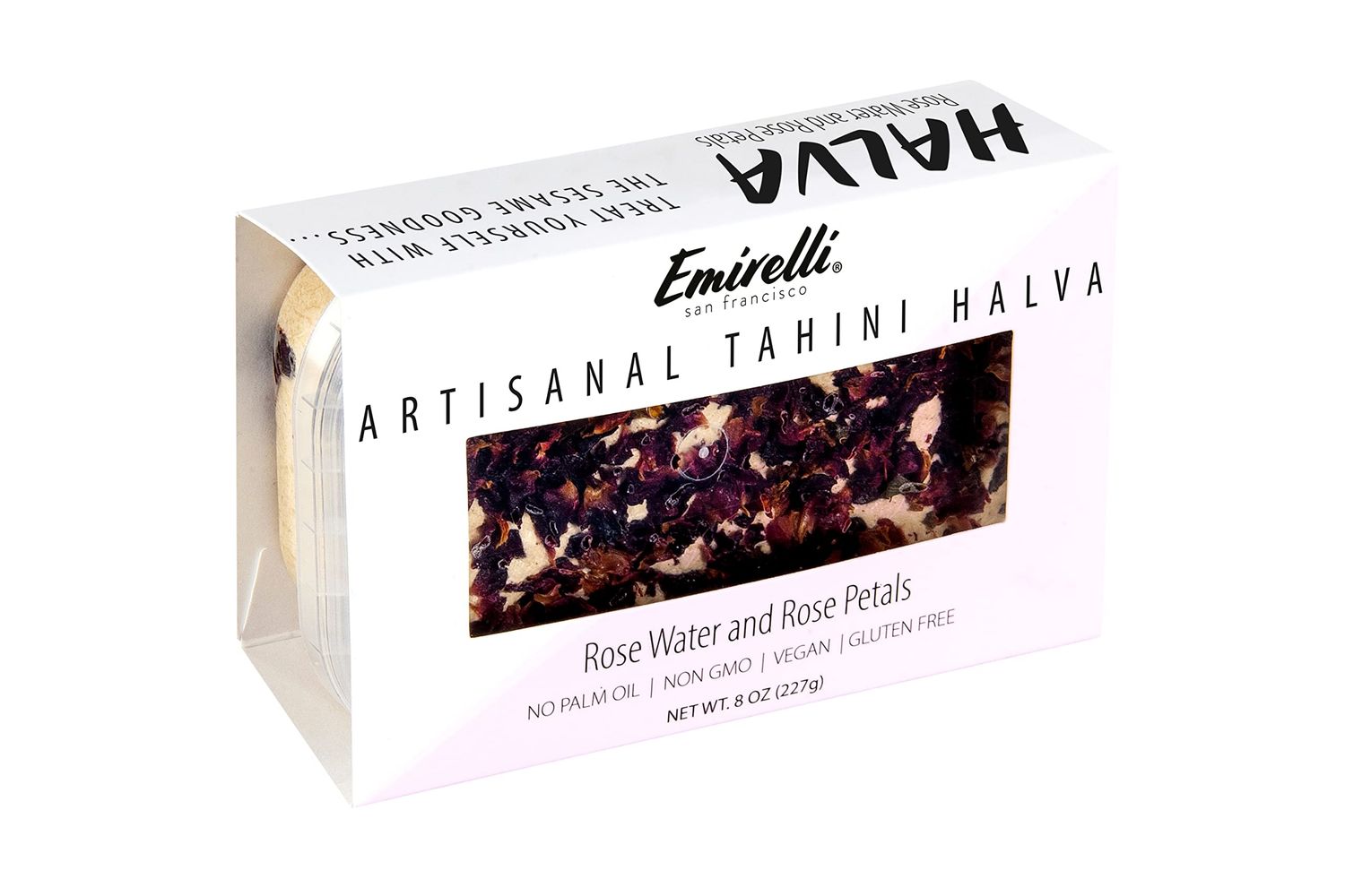 Emirelli Artisanal Halva Dessert - Authentic Middle Eastern Candy Turkish Sweets - Vegan Candy 55-Tahini Halwa - Halvah Traditional International Sweets - Rose Water and Rose Petal Flavor, Pack of 1