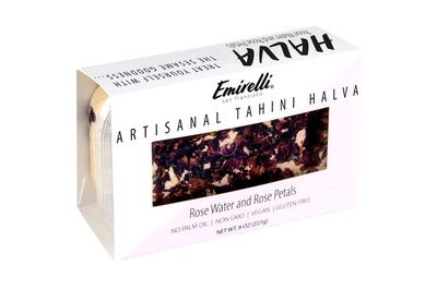 Emirelli Artisanal Halva Dessert - Authentic Middle Eastern Candy Turkish Sweets - Vegan Candy 55-Tahini Halwa - Halvah Traditional International Sweets - Rose Water and Rose Petal Flavor, Pack of 1