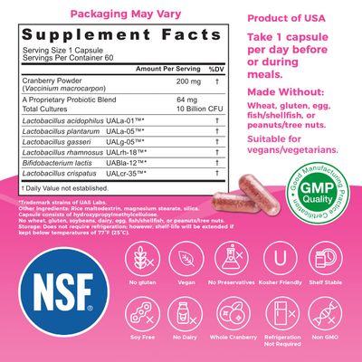 Nutricelebrity NutriFlora-Pro Probiotics for Women - Support Vaginal, Urinary Health (UTI), Digestive System, Period Pain, Yeast, and BV Relief, Cranberry Pills, 10 Billion CFU 6 Strains (60 Caps)
