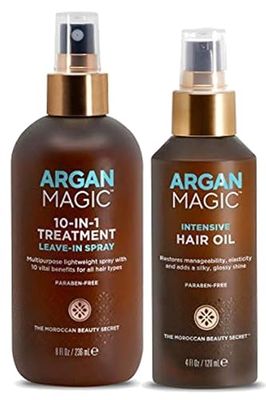 Argan Magic 10 in 1 Treatment Stylizing Spray Intensive Hair Oil Combo Pack - Multipurpose Leave in Spray for all Hair Types Hydrating Made in USA Paraben Free Cruelty Free (8 oz 4 oz)