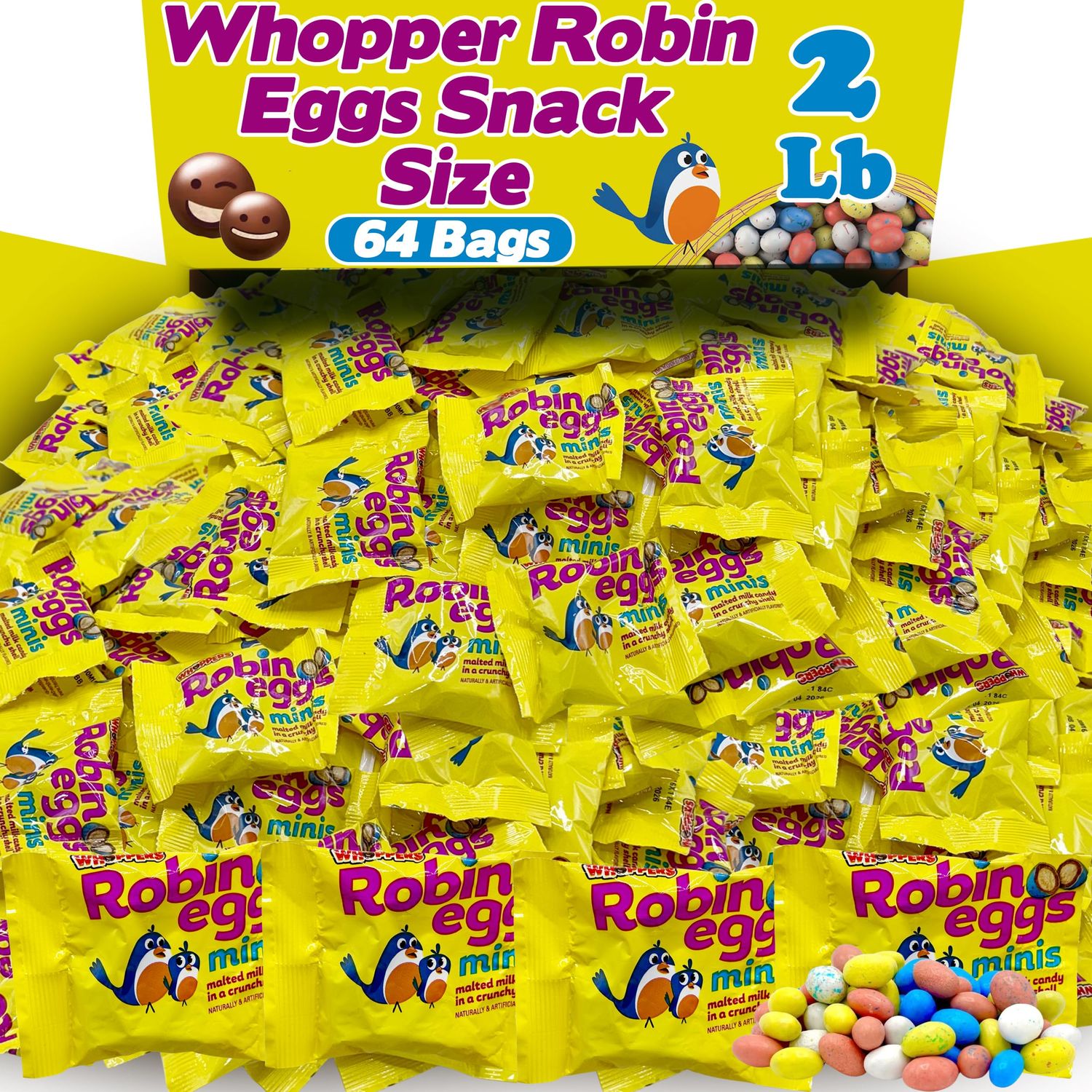 Woppers Robin Eggs Candy, Bulk 64 Count Snack Size Individually Wrapped Whoopers Milk Chocolate Malted Balls with Pastel Candy Shells, for Goodie Bags Stuffers, Easter Baskets Egg Hunt, 2 Lbs