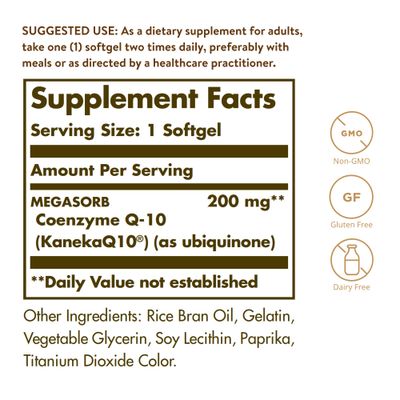 Solgar Megasorb CoQ-10 200 mg, 60 Softgels - Supports Heart Brain Function - Coenzyme Q10 Supplement - Enhanced Absorption - Gluten Free, Dairy Free - 60 Servings