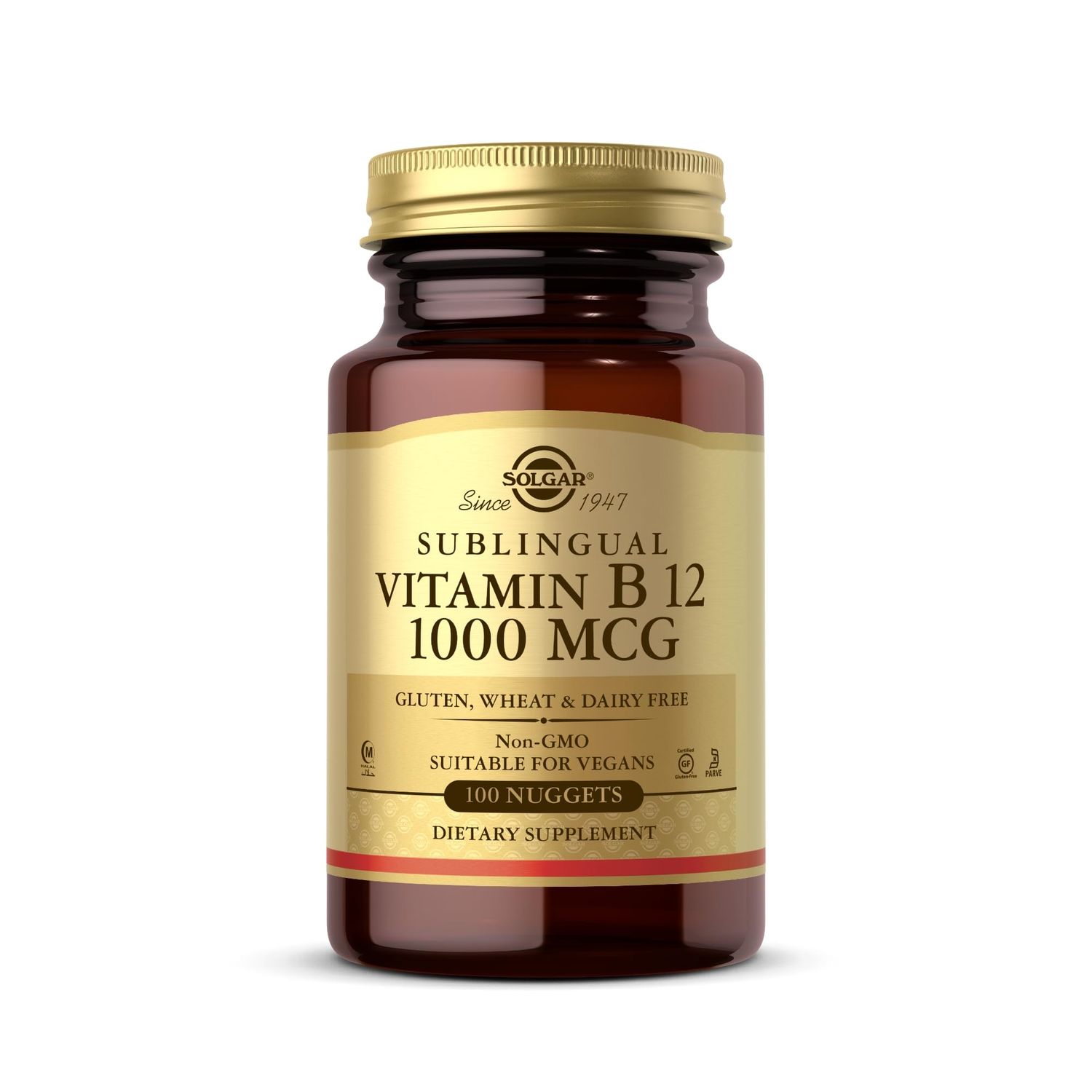 SOLGAR Sublingual Vitamin B12 1000 mcg - 100 Nuggets - Non-GMO, Vegan, Gluten Free, Dairy Free, Kosher, Halal - 100 Servings