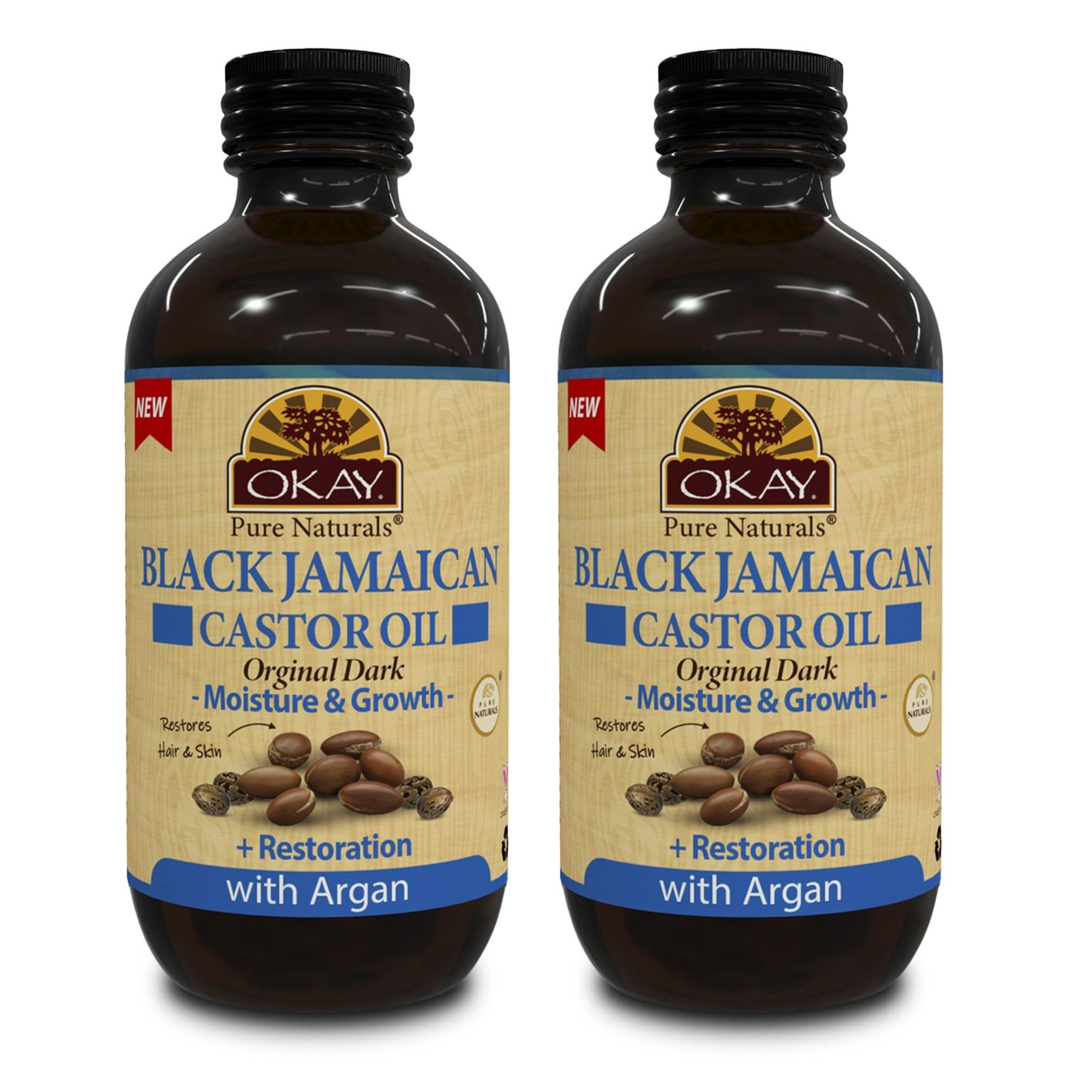 Okay Pure Naturals Black Jamaican Castor Oil with Argan Oil - Castor Oil for Hair Growth, Moisture for Skin, Face, Scalp, Eyelashes, Eyebrows, for Men Women - 4 Fl Oz Glass Bottle (2 Pack)