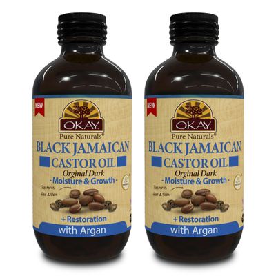 Okay Pure Naturals Black Jamaican Castor Oil with Argan Oil - Castor Oil for Hair Growth, Moisture for Skin, Face, Scalp, Eyelashes, Eyebrows, for Men Women - 4 Fl Oz Glass Bottle (2 Pack)