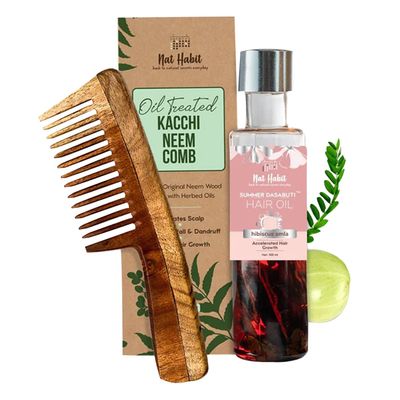 Nat Habit - Everyday Wide Tooth Wooden Kacchi Neem Comb Hibiscus Hair Oil, With Castor, Coconut Amla (Combo Pack Of 2)