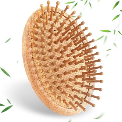 Bamboo Brush for Hair Growth Natural Wooden Hair Brush Mini Scalp Brush Massager with Wood Pins Round Portable Bamboo Anti-Static Air Cushion Hairbrush for All Hair Types Men Women of Most Ages