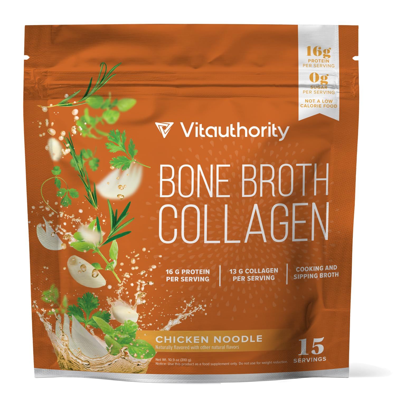 Vitauthority Bone Broth Collagen Delicious Chicken Noodle Flavored - Packed with 16g of Protein Types I, II, III - Nourishes Skin, Hair, Nails, Joints, Gut - Beef BoneBroth