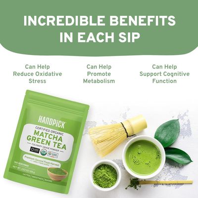 HANDPICK Japanese Organic Matcha Green Tea Powder (100 Servings) - Authentic Premium Second Flush Harvest Resealable Ziplock Pouch
