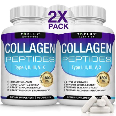 Toplux Multi Collagen Peptides Pills 1800 Mg Complex - Type I, II, III, V, X Premium Collagen Complex for Better Skin Hair, Strong Joint, Hydrolyzed Protein, for Men Women, 90 Capsules, Supplement