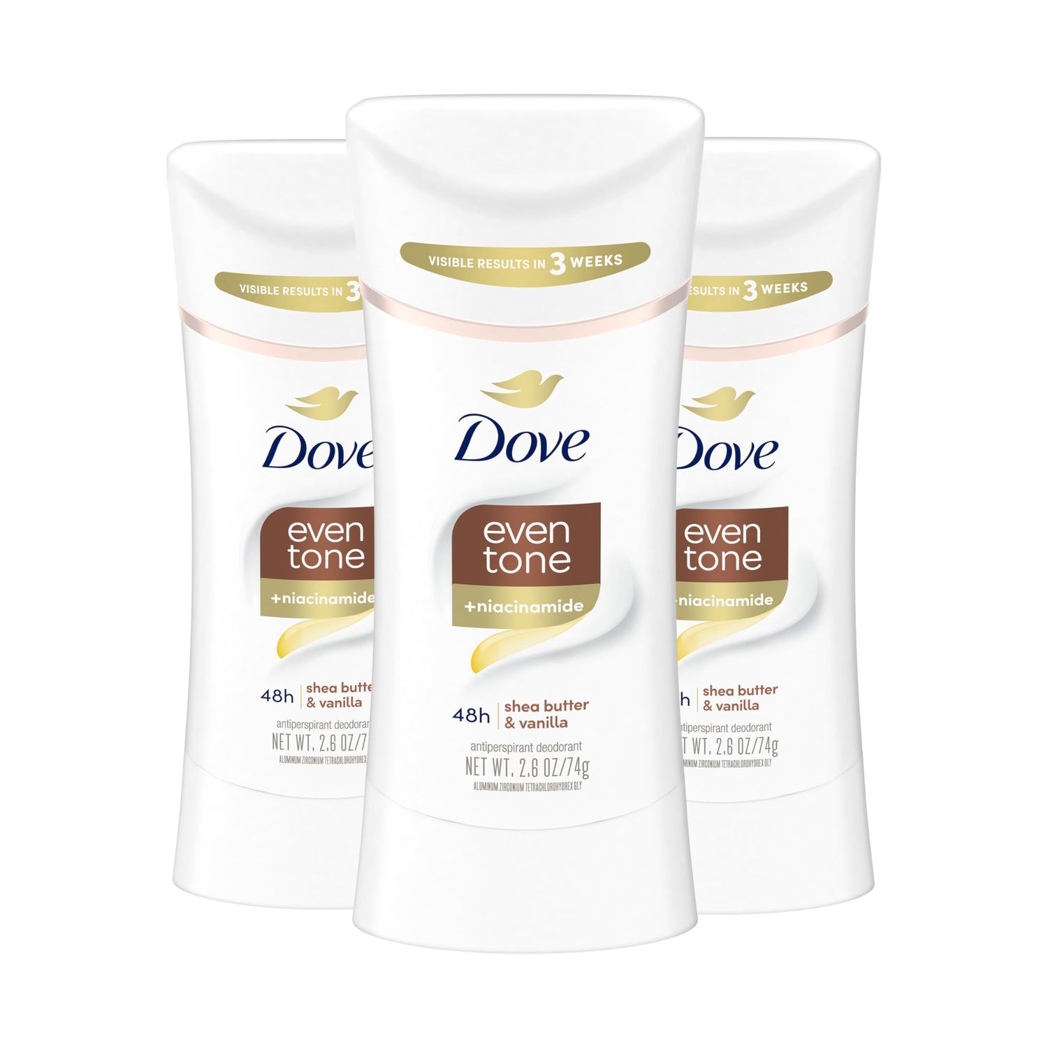 Dove Antiperspirant Deodorant Stick Even Tone Shea Butter Vanilla Pack of 3 for 48h Odor and Sweat Protection Skin Restoration, with Niacinamide Visible Results in 3 Weeks, 2.6 oz