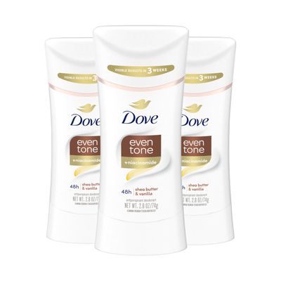 Dove Antiperspirant Deodorant Stick Even Tone Shea Butter Vanilla Pack of 3 for 48h Odor and Sweat Protection Skin Restoration, with Niacinamide Visible Results in 3 Weeks, 2.6 oz