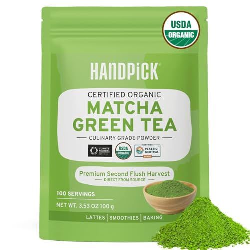 HANDPICK Japanese Organic Matcha Green Tea Powder (100 Servings) - Authentic Premium Second Flush Harvest Resealable Ziplock Pouch
