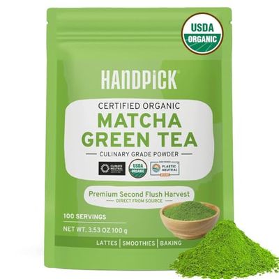 HANDPICK Japanese Organic Matcha Green Tea Powder (100 Servings) - Authentic Premium Second Flush Harvest Resealable Ziplock Pouch