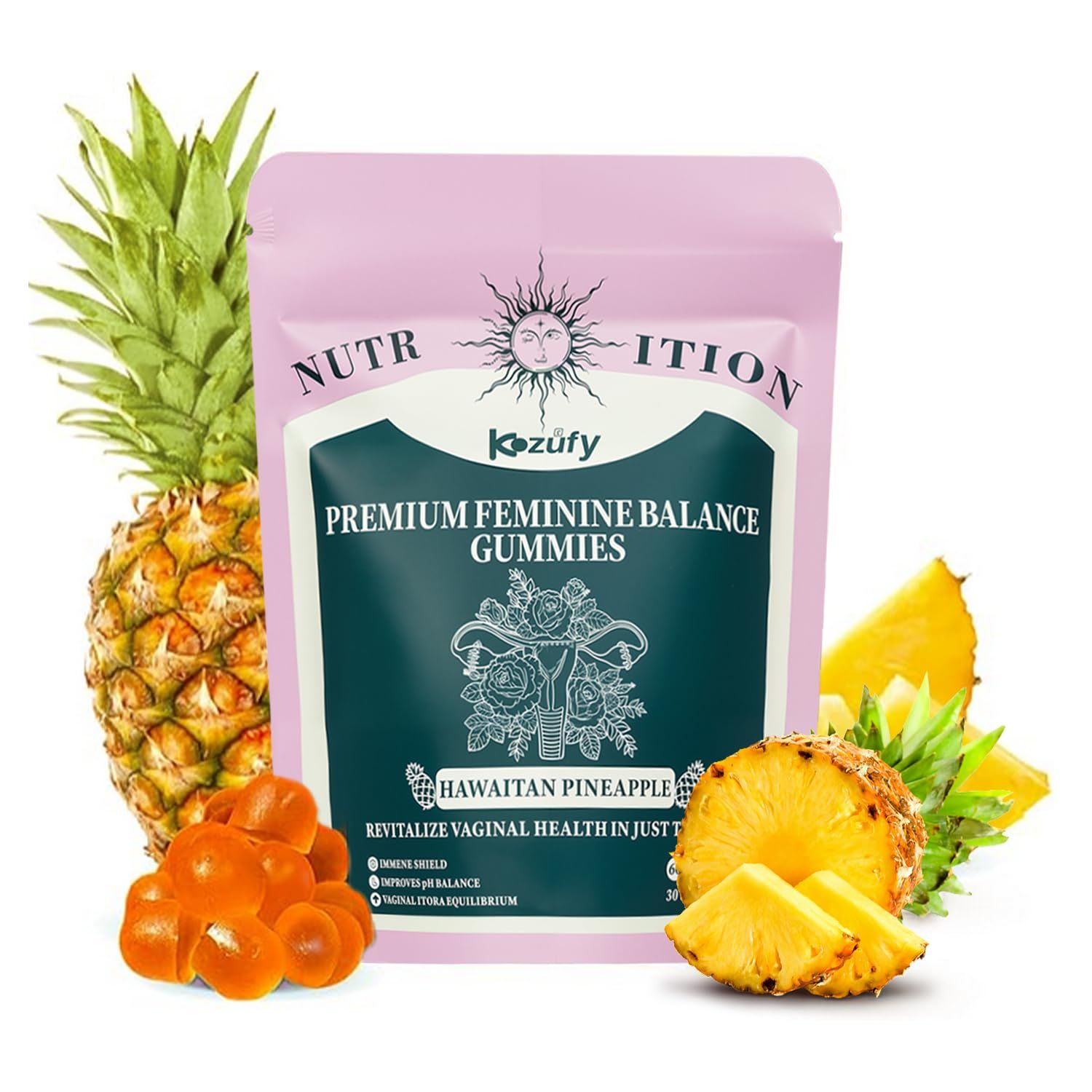Kzufy Premium Feminine Balance Gummies for Women - Hawaiian Pineapple Flavor, Supports PH Balance, Immune Health Vaginal Wellness - Vegan, Gluten-Free, 60 Gummies (30-Day Supply)