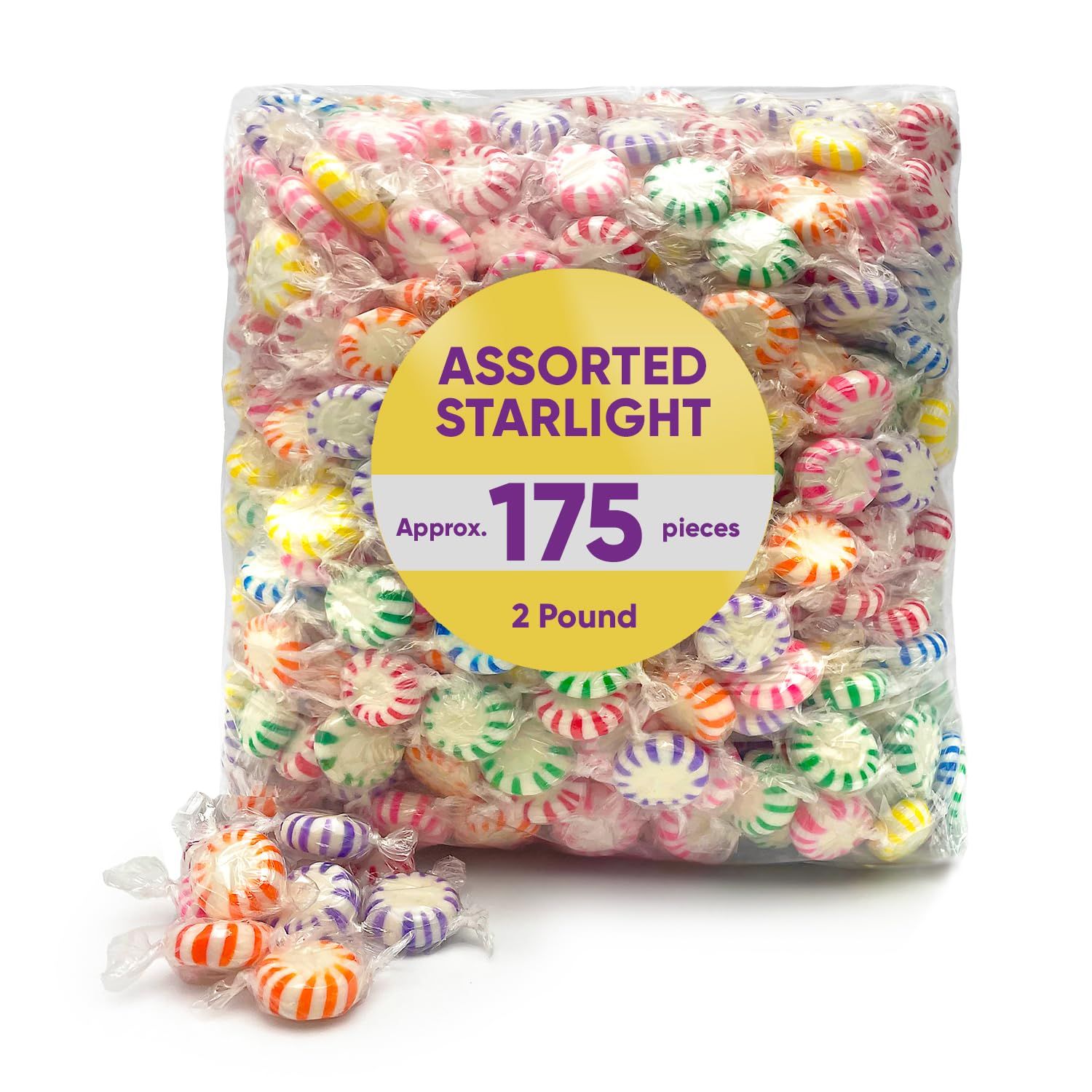 CJ Sweets Assorted Fruit Flavored Starlight Hard Candy, 2 Pounds Approx 175 Pieces of Individually Wrapped Fruit - Candy Variety Pack - Christmas Candy for Holiday Candied Fruit Bulk