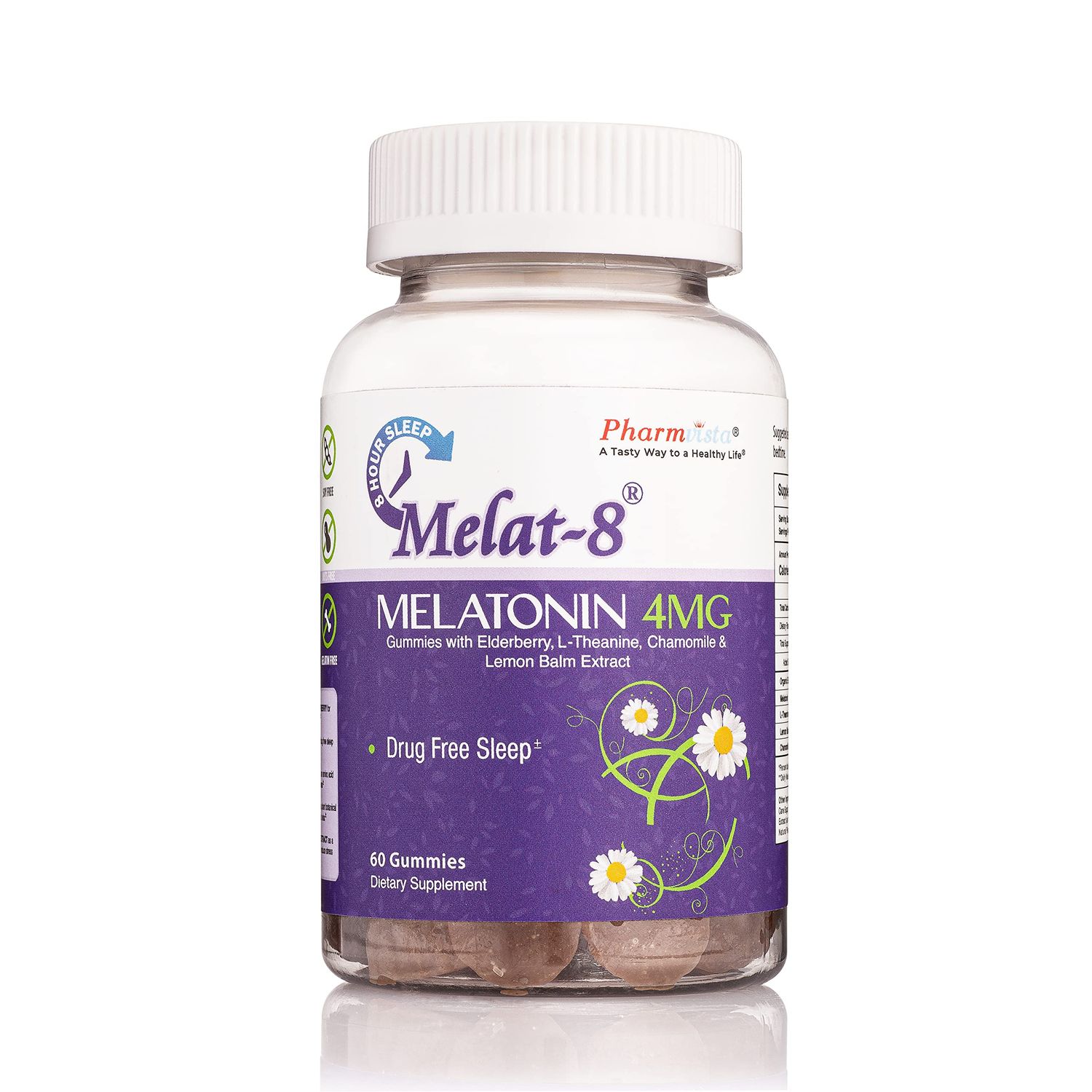 Melat-8 Gummies - Melatonin 4mg, Elderberry, Theanine, Chamomile and Lemon Balm for Sleep Support - 60 Count