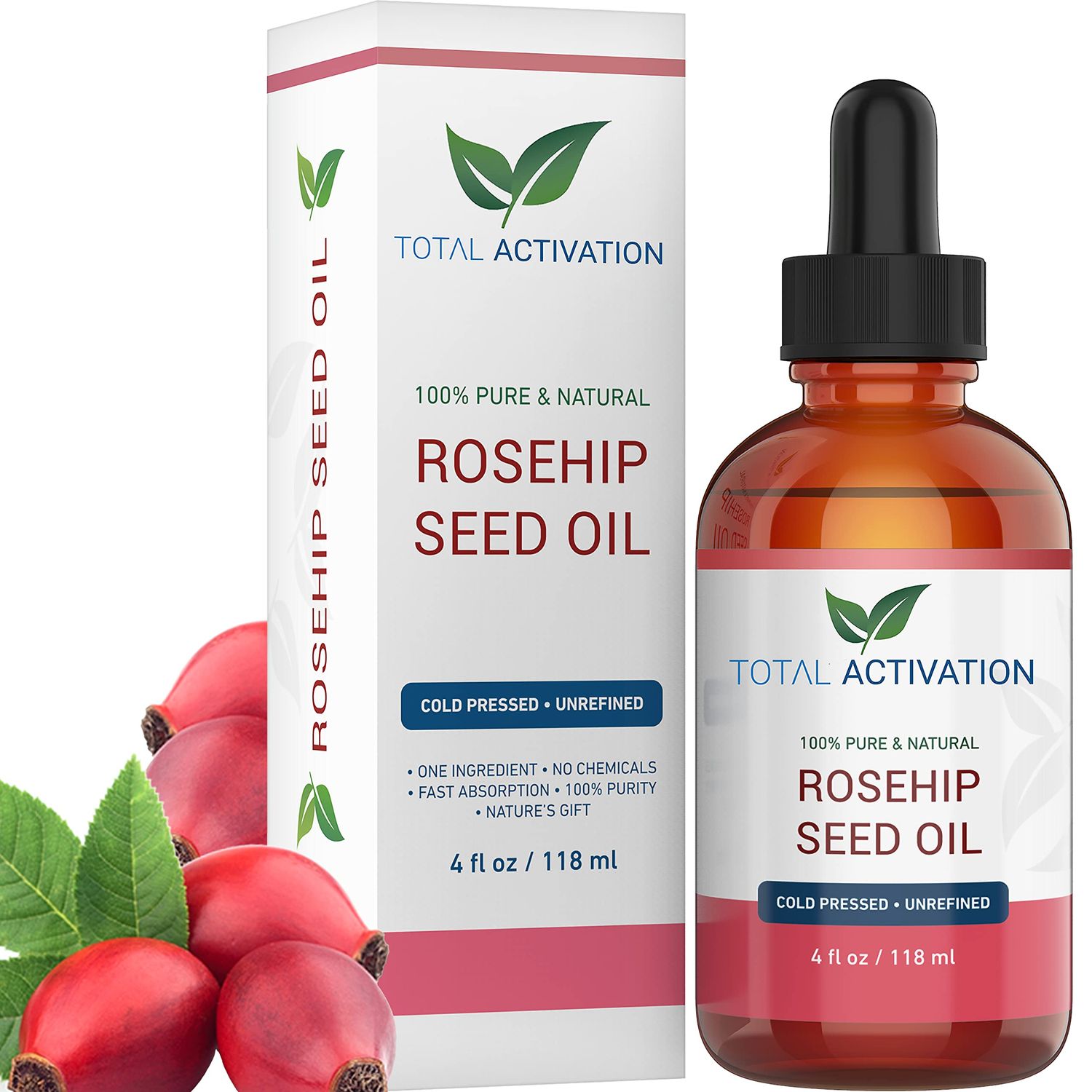 Total Activation Rosehip Seed Oil 100 Pure, Unrefined Moisturizer for Hair Skin Nails and Face Reduces Fine Lines, Scars and Stretch Marks, Hair Growth Serum 4 Fl. Oz