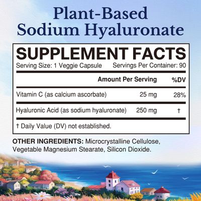 Vitalitown Hyaluronic Acid Supplements 250 mg, Plus 25 mg Vitamin C, Naturally Derived High Bioavailability, Skin Hydration, 90 Vegan Capsules, 3 Month Supply