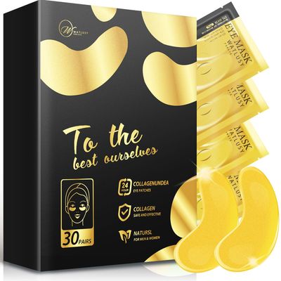 W WATLUSY FOR EYE 24K Gold Eye Mask, 30 Pairs, Natural Anti-aging Eye Pads for Puffy Eyes, Dark Circles, and Eye Bags with Amino Acid Collagen, with Revitalize and Hydrate Your Skin