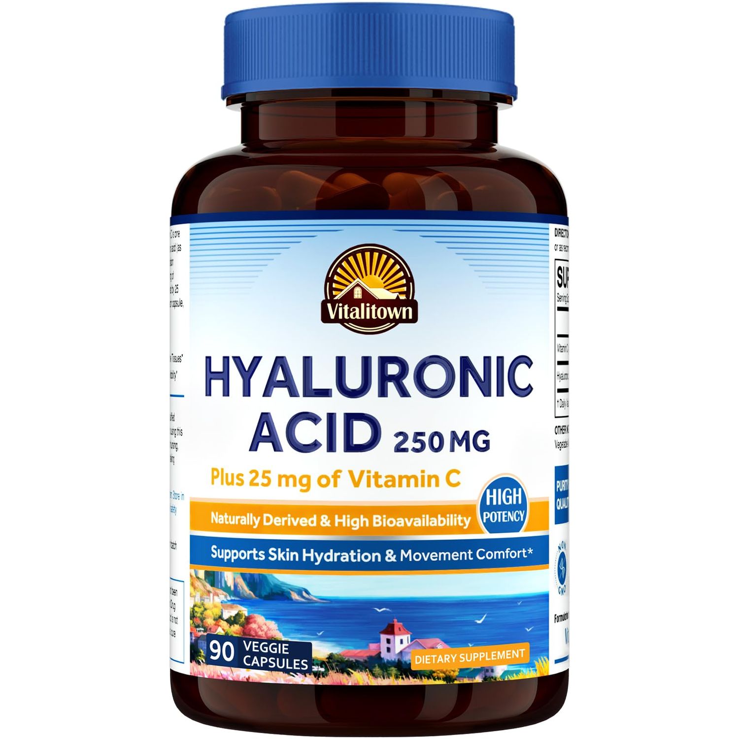Vitalitown Hyaluronic Acid Supplements 250 mg, Plus 25 mg Vitamin C, Naturally Derived High Bioavailability, Skin Hydration, 90 Vegan Capsules, 3 Month Supply