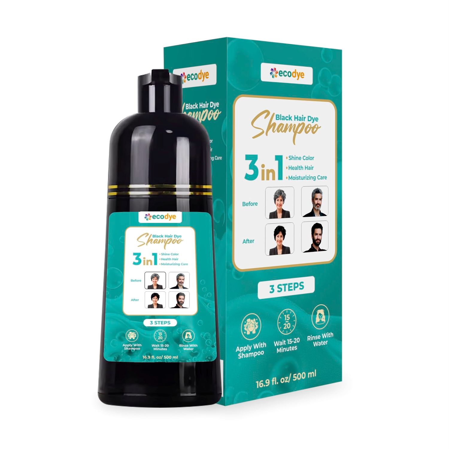 3-in-1 Black Hair Dye Shampoo - Instant Hair Coloring with Herbal Extracts No Ammonia, Easy to Use, Long-Lasting Color Shine Nourishes Moisturizes Scalp - Ginseng, Fo-Ti, Black Sesame Formula